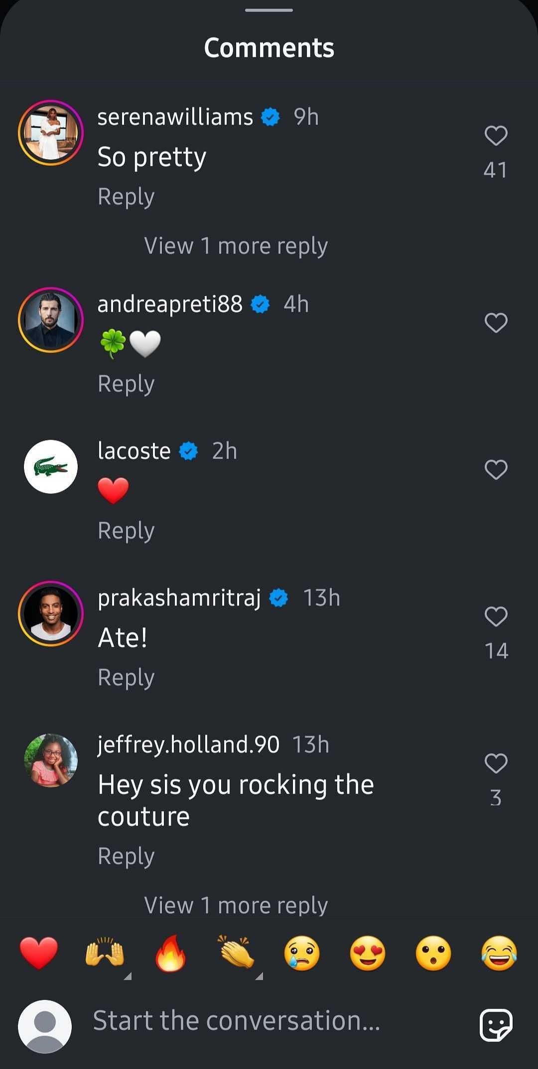 Andrea Preti's comment on Venus Williams' post | Instagram @venuswilliams